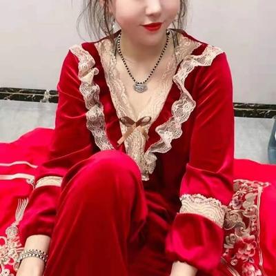 Осенне-зимняя пижама женская золотистая бархатная свободная домашняя одежда модная сексуальная с кружевным воротником большая домашняя одежда