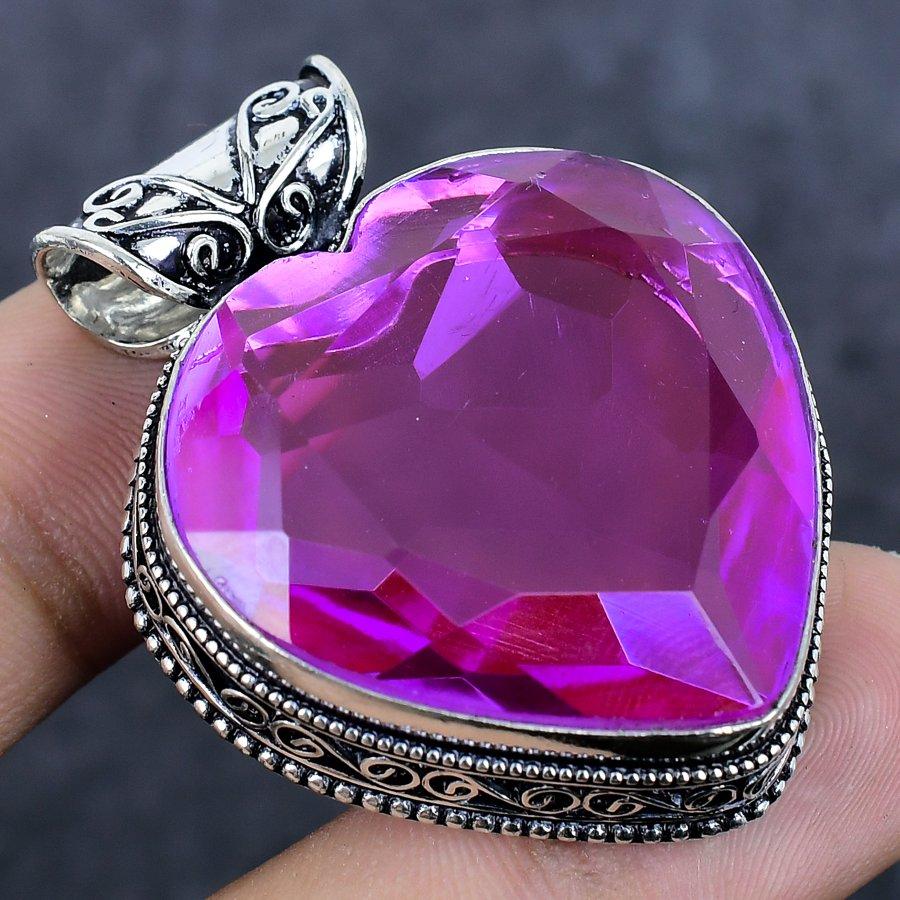 Pink Rubillite Gemstone Handmade 925 Sterling Silver Jewelry Pendant 1.77" W1u95
