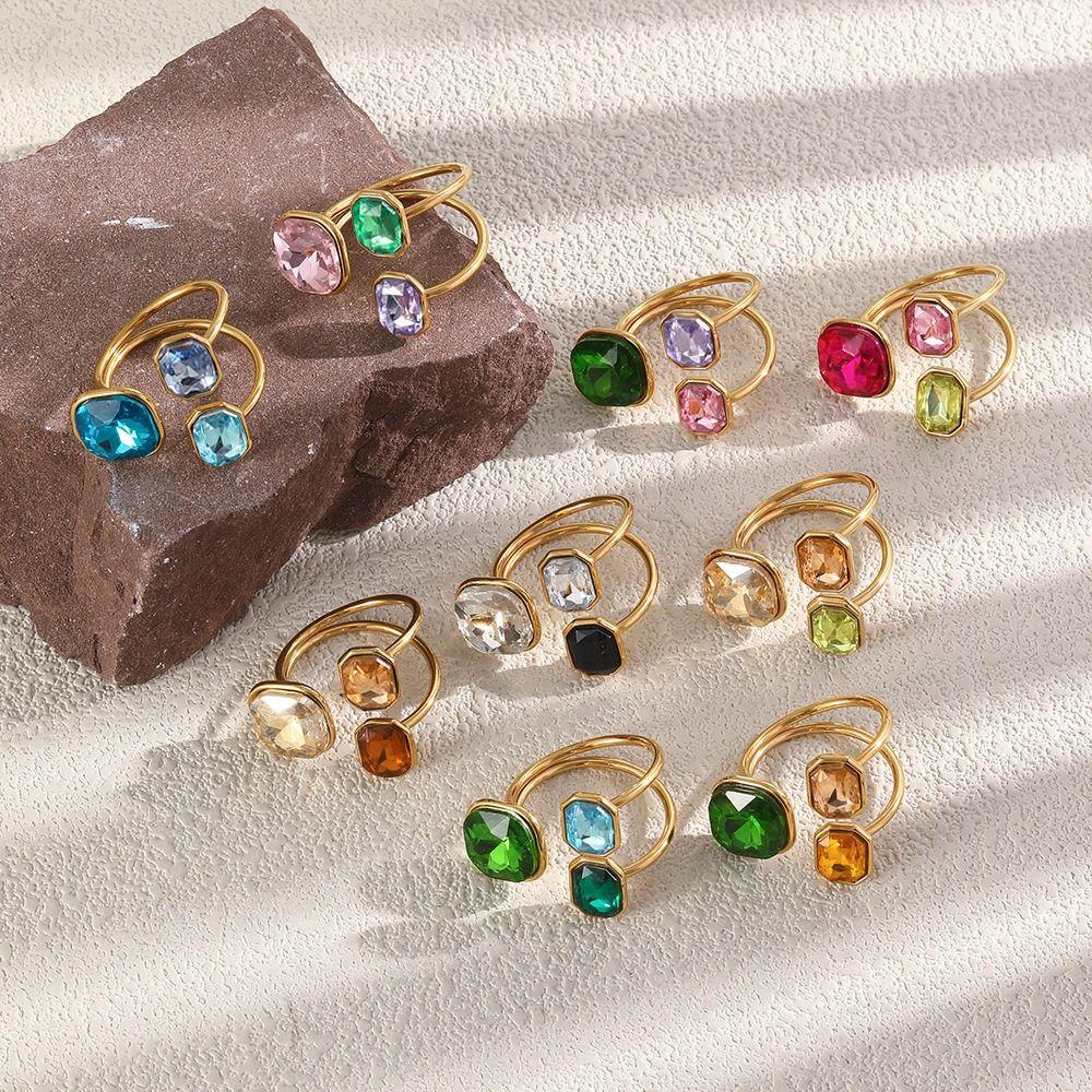 Rhinestone Open Ring Stainless Steel Fashion Ring Colorful Waterproof Ring For Women