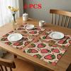 4/6pcs Rectangular Placemats - 18X12 Inches Vintage Strawberry Print Fabric Cartoon Red White Polka Dot Decor 2D Element Pattern Design Easy-Clean Tab