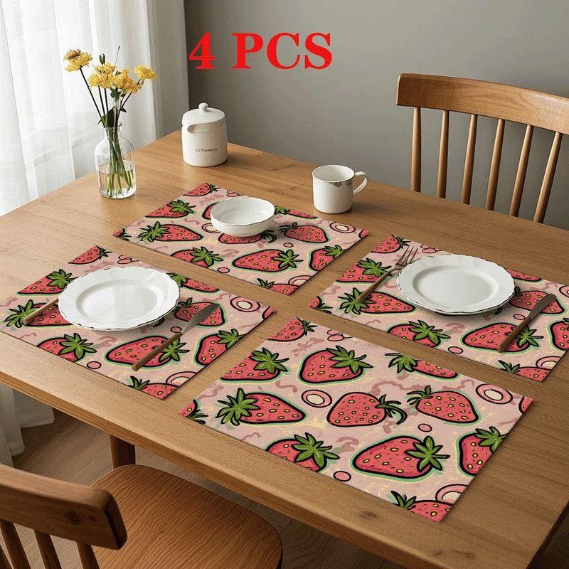 4/6pcs Rectangular Placemats - 18X12 Inches Vintage Strawberry Print Fabric Cartoon Red White Polka Dot Decor 2D Element Pattern Design Easy-Clean Tab
