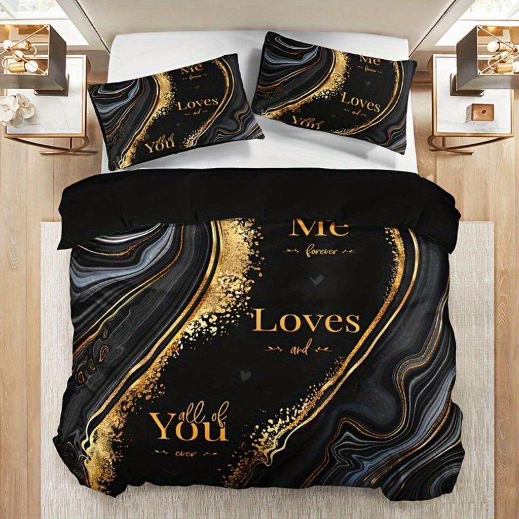 3pcs Black Gold Loves You 3D Printed Bedding Set Comfortable Duvet Cover King Queen Twin Size Birthday Gift Bedroom Decoration