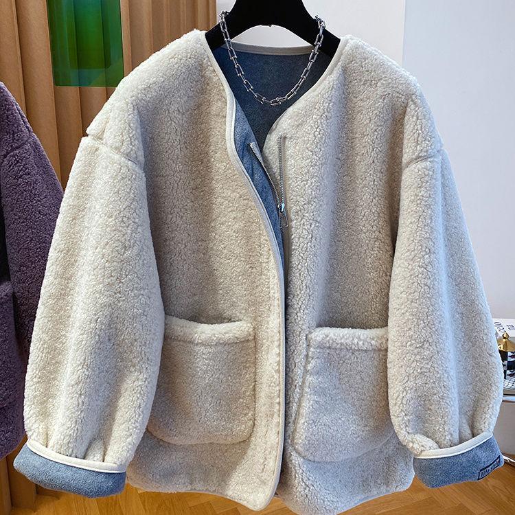 Advanced Sense Purple Lamb Fur Coat Women Autumn Winter Loose Thickened Leather Fur Integrated Lamb Wool Top