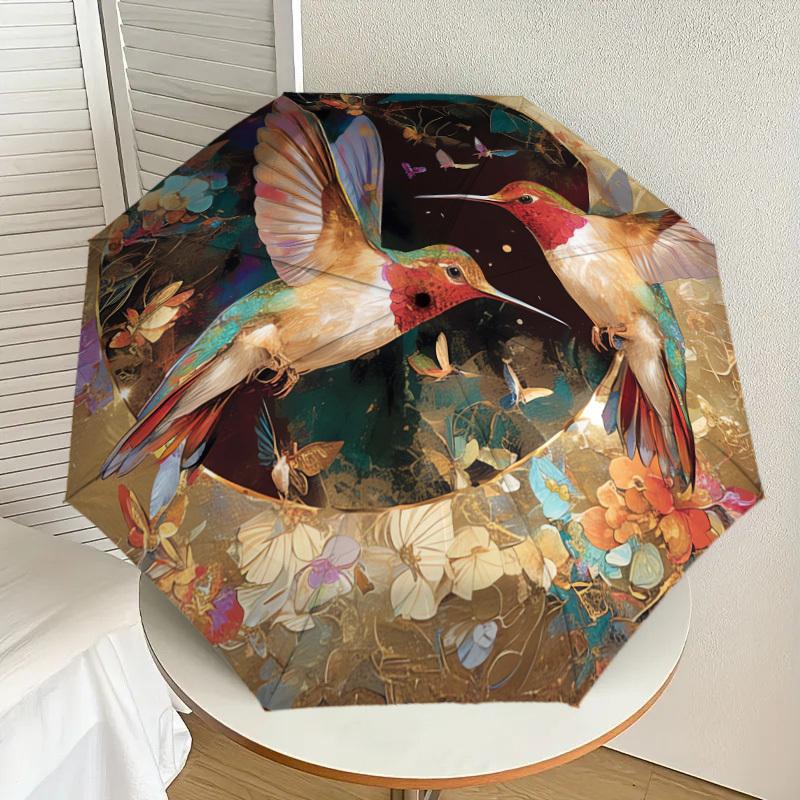 1pc Hummingbirds in Floral Garden Umbrella with Plastic Handle,Suitable for All Seasons Home Travel Outdoor UmbrellaDD930