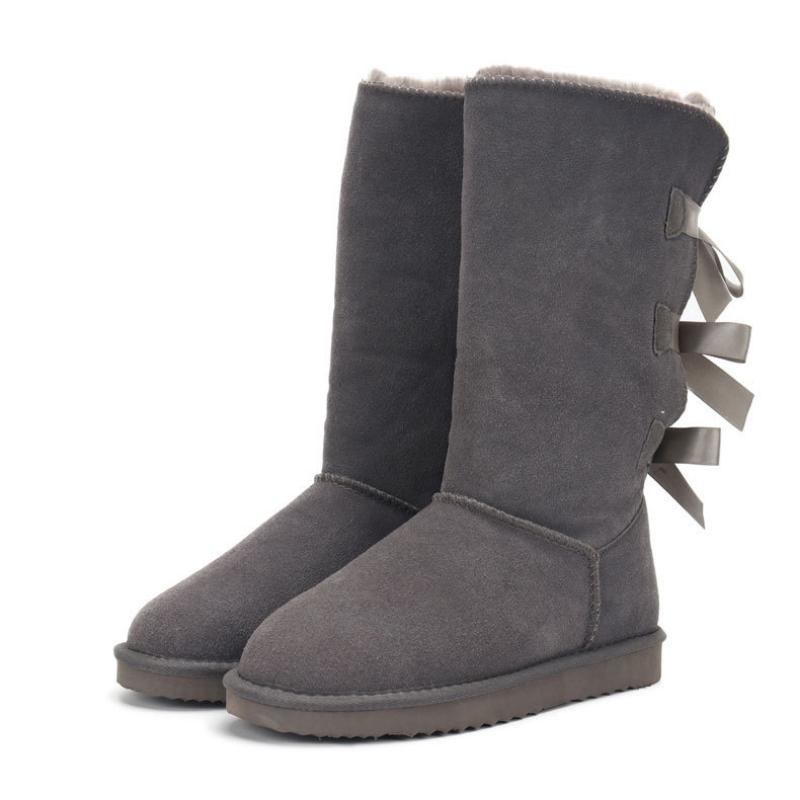 Snow Boots Genuine Leather Warm Men Women Boots Shoes Fashion Three Bows Tie High Boots Women Winter Warm Fur Boots Size 34-45