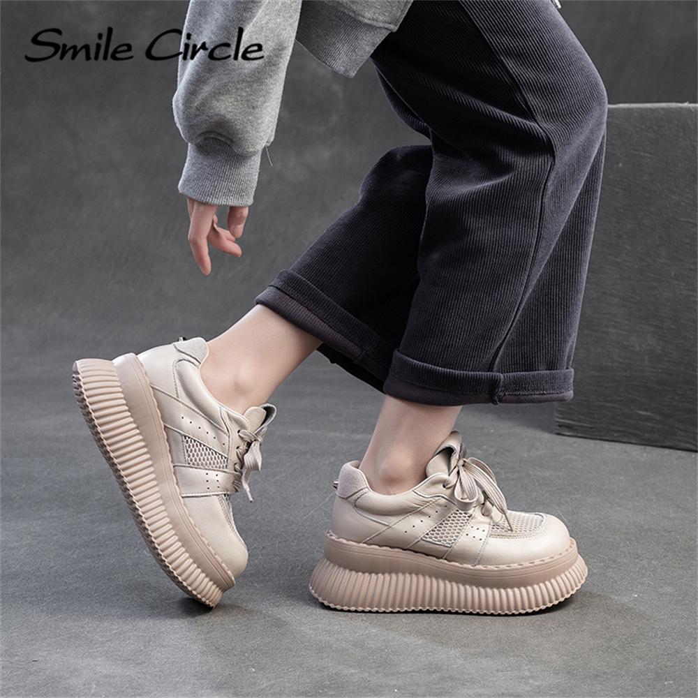 Женская повседневная обувь из натуральной кожи с круглым носком, увеличивающая рост, на толстой подошве, дышащая, удобная, плоская обувь