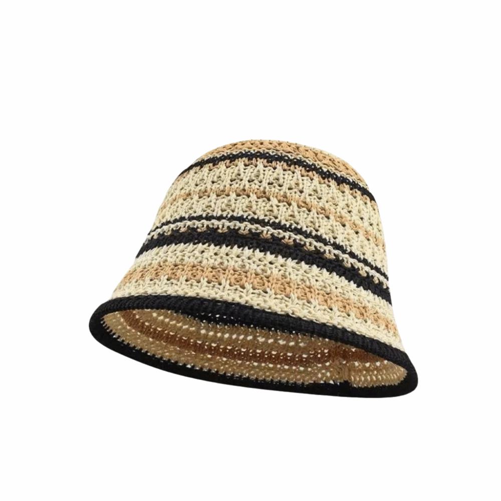 Striped Knitted Hollow Fisherman Hat UV Protection Breathable Straw Bucket Cap Big Eaves Multicolor Thin Sunshade Hat Travel