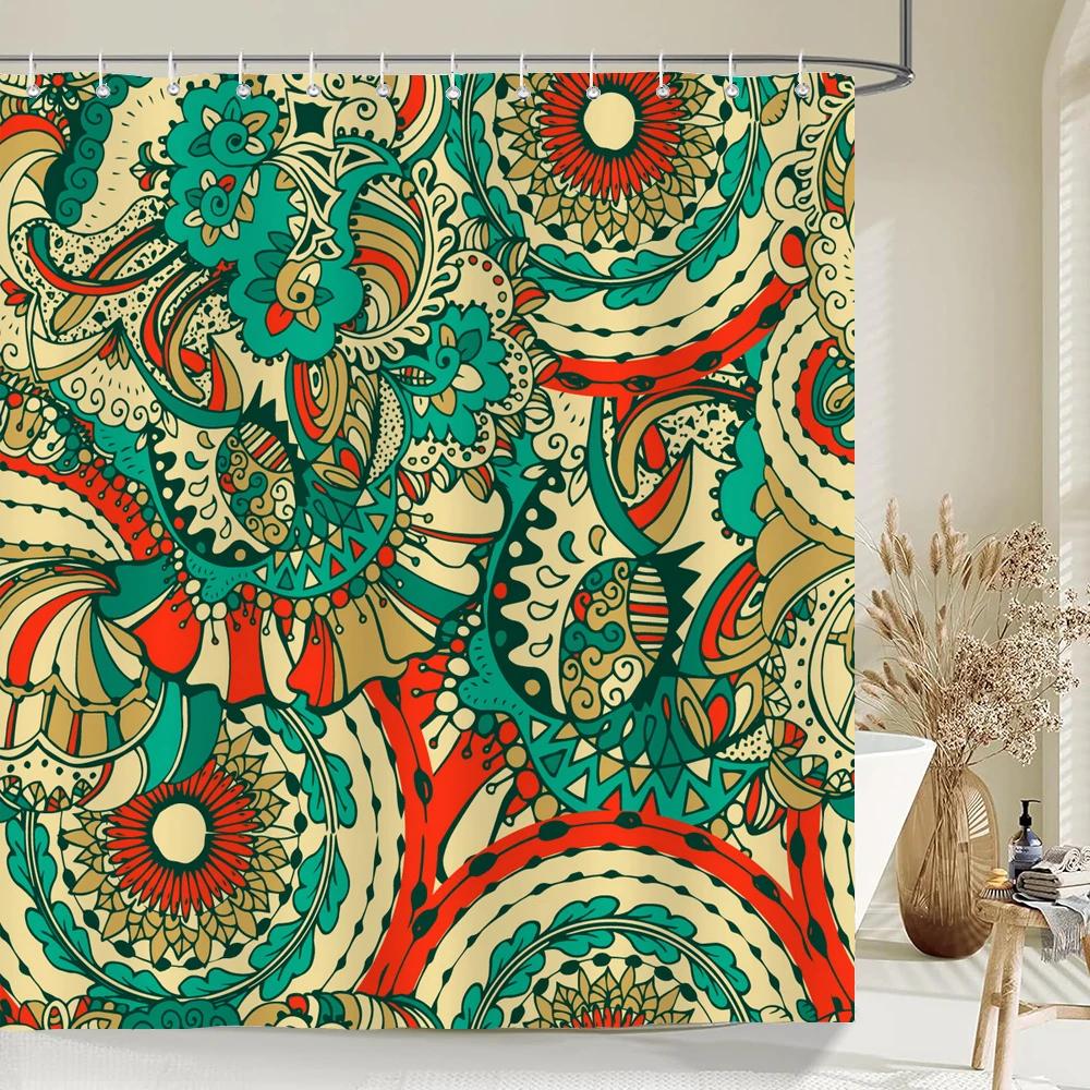 Indian Bohemian Fabric Shower Curtain Bathroom Curtains Boho Mandala Waterproof Fabric Bath Screen Bathtub Decor with 12 Hooks