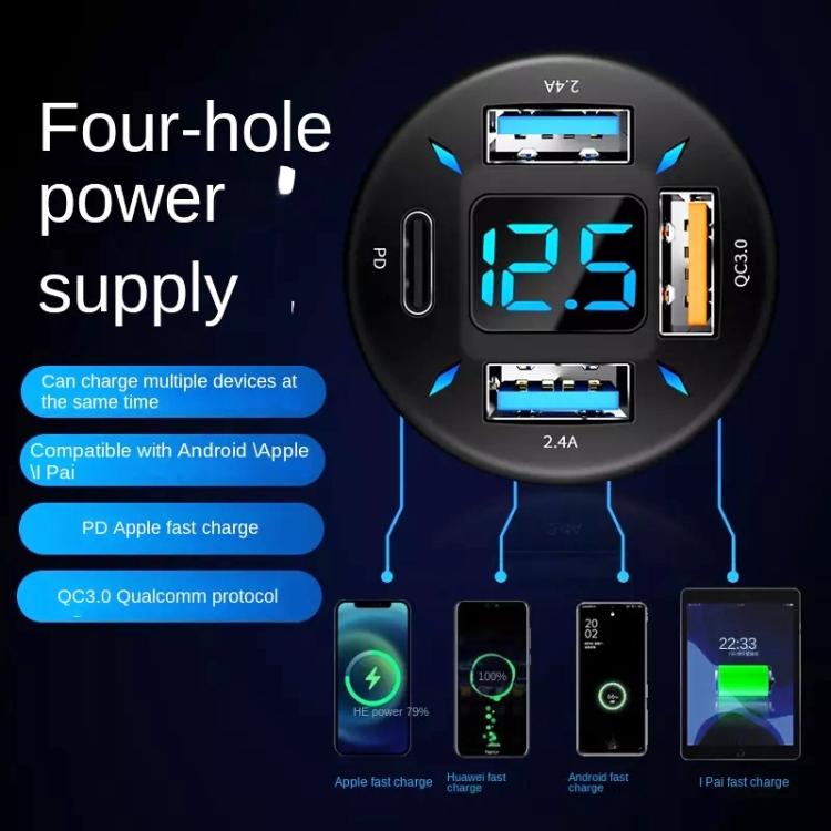 Автомобильное быстрое зарядное устройство 4 в 1 USB QC3.0 с цифровым дисплеем