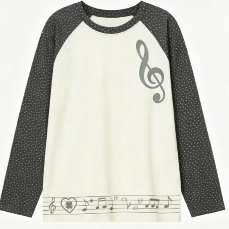 Y2K Korean Style Long Sleeve T-Shirt Music Note Print Polka Dot Color Block Crew Neck Fall Winter Versatile Base Top