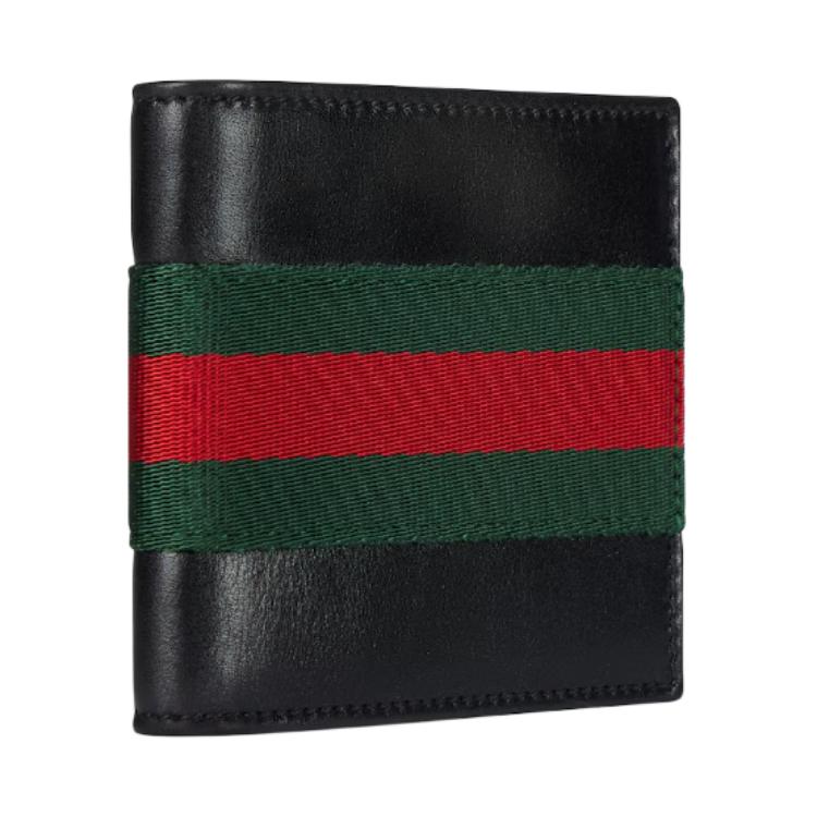 Gucci Черный кожаный бифолд-кошелек с веб-полосой для унисекс, роскошный, для ежедневного использования
