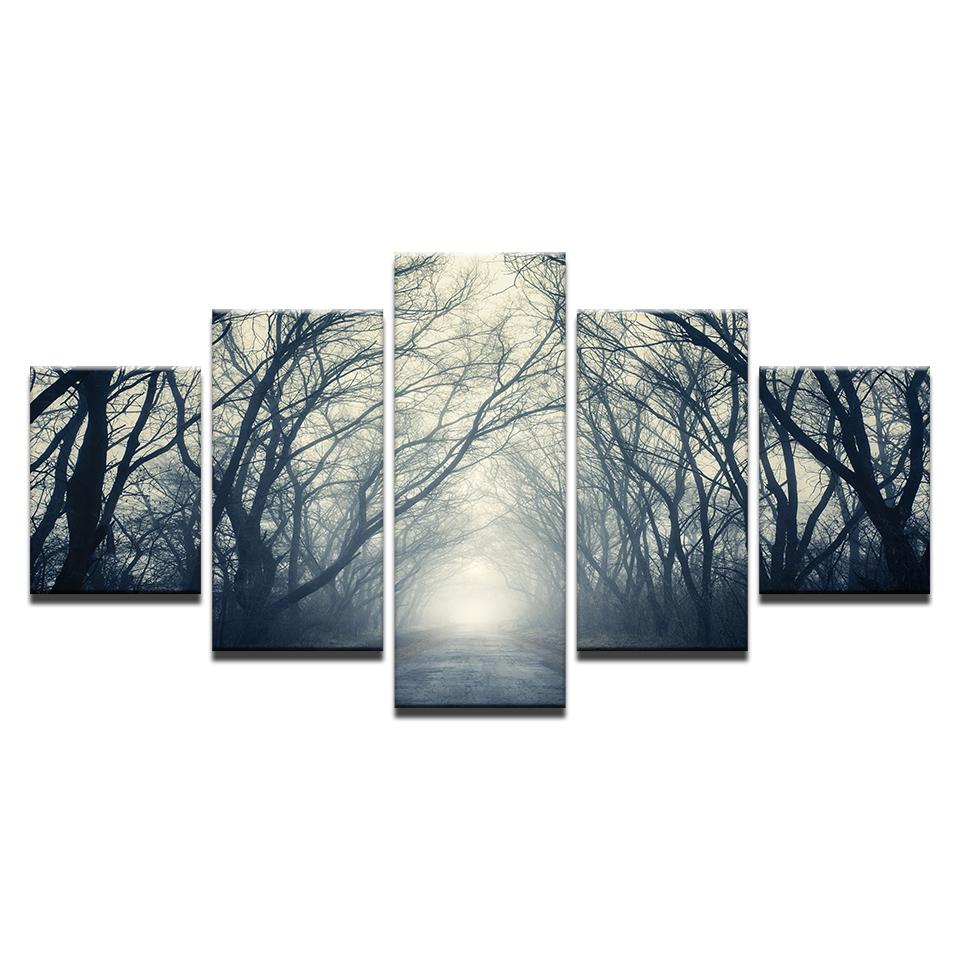 5 Piece Wall Art Canvas Paintes Forest Trail Morning Mist Landscape Paintings Trees Poster For Home Living Room Decoration No Frame