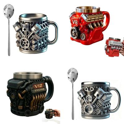 Кофейная кружка V6 V8 V12 Ретро Двигатель Кружка для кофе из нержавеющей стали Кружка с забавным дизайном Кофейная чашка Кружка для коктейлей Чашка для чая Для автолюбителя