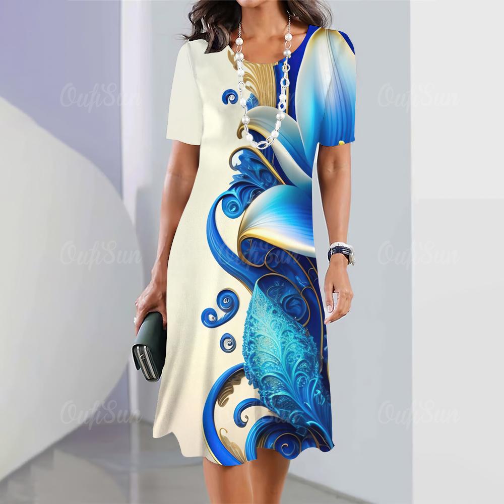 Летние женские платья с 3D-принтом в виде цветов с коротким рукавом, элегантная свободная юбка А-силуэта, модное женское платье большого размера