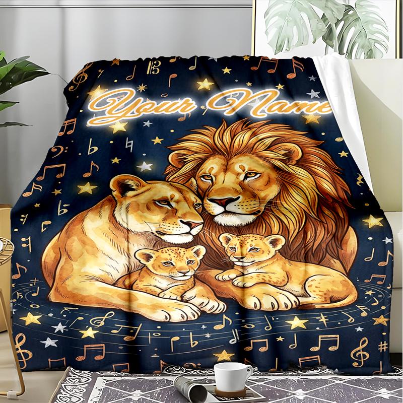 1PC Custom Name Lion Family Harmony flannel blanket versatile,all-season throw suitable for the living room,bedroom,camping,travel,and gift