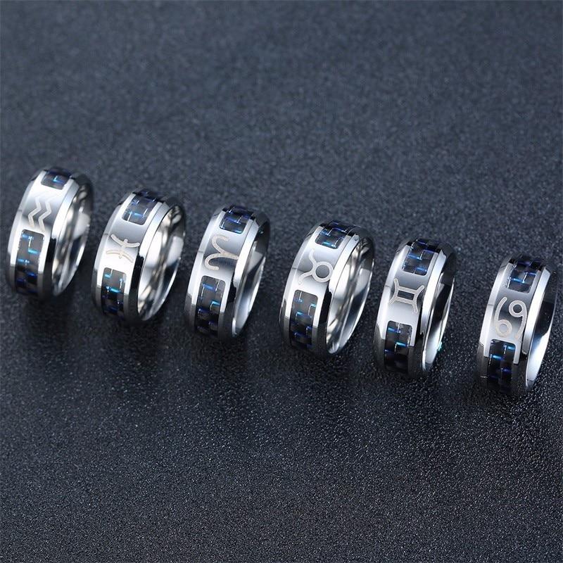 Vnox Mens Vintage Zodiac 12 Constellations Ring Stainless Steel With Blue Carbon Fiber Horoscope Male Astrology Anel Alliance