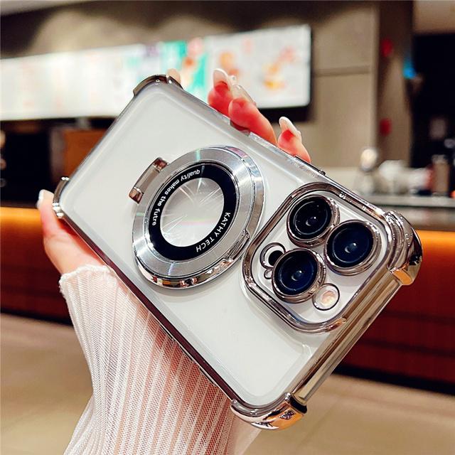 For iPhone 15 Pro Max Luxury Plating Frame Magsafe Magnetic Stand Phone Case For iPhone 11 12 13 14 16Plus Lens Protective Cover