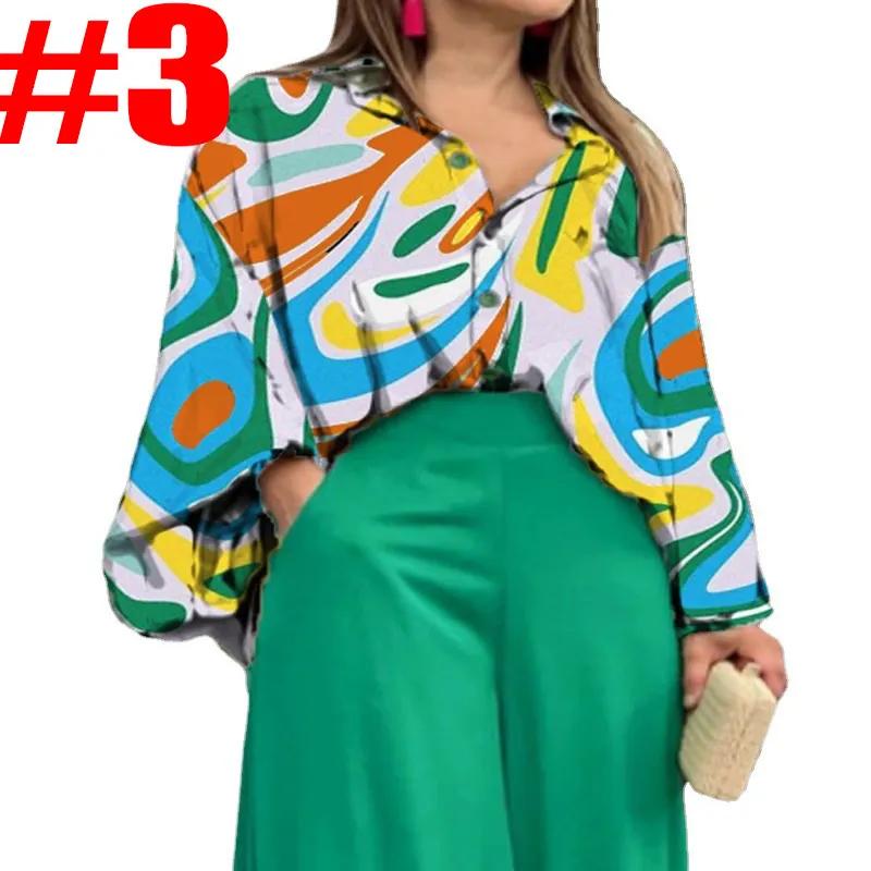 Women's Sets Casual Loose Plus Size Lapel Printed Long Sleeve Shirt Solid Color High Waist Wide Leg Pants
