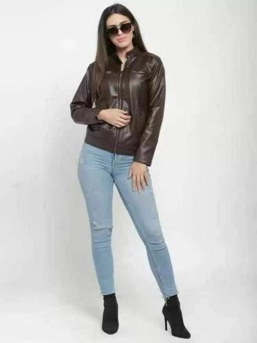 Коричневая Натуральная Байкерская Стильная Кожа Ягненка Молния Женская Куртка Дизайнерская Мотоциклетная
