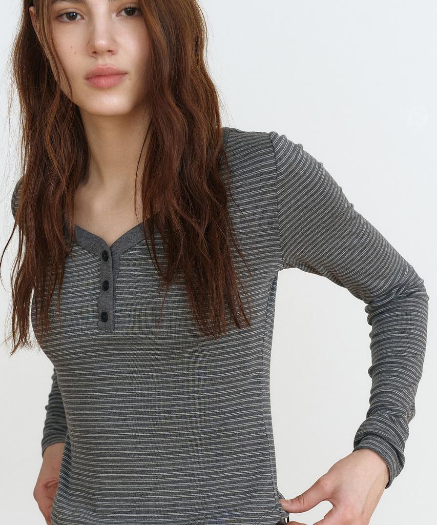 MAKE A TOAST Striped Button Long Sleeve T-Shirt (Gray) Mbfsto002Gr