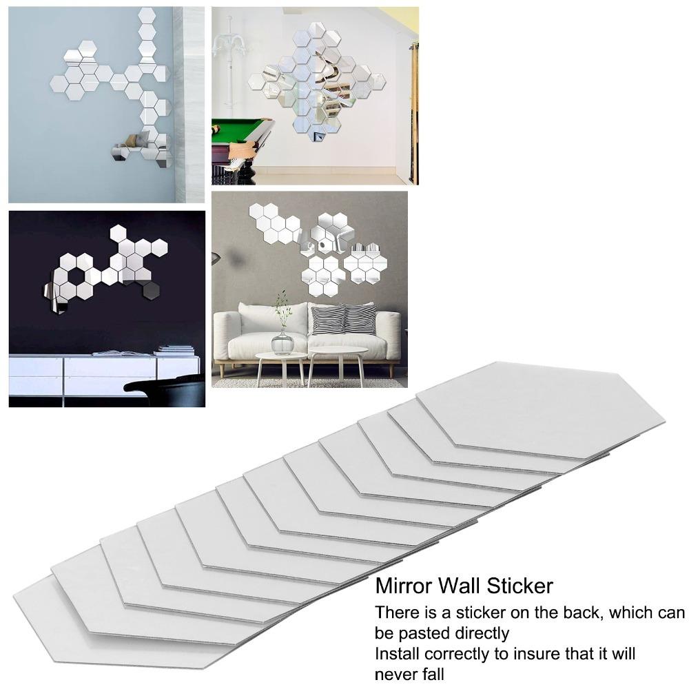 12 Pcs Self Adhesive Hexagon Wall Mirror Sticker Silver Self Adhesive Wall Decal Sofa Backdrop