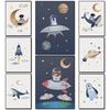 Galaxy Nursery Wall Art Cartoon Space Adventure Rocket Astronaut Whale Planets Canvas Print Outer Space Themed Kids Room Decor