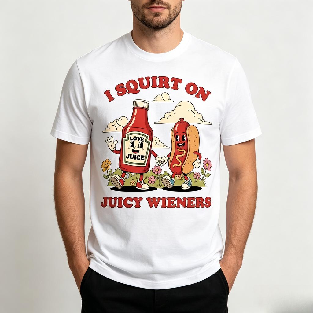 Funny Ketchup Hot Dog Cartoon Graphic T Shirt for Men 100% Cotton Retro Food Print Casual Short Sleeve