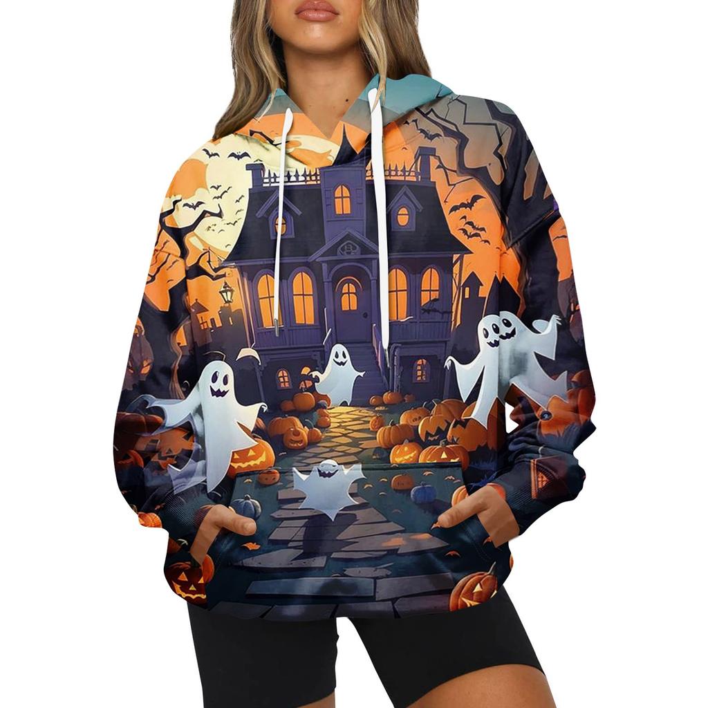 Женская модная повседневная толстовка с капюшоном и принтом на Хэллоуин с длинными рукавами