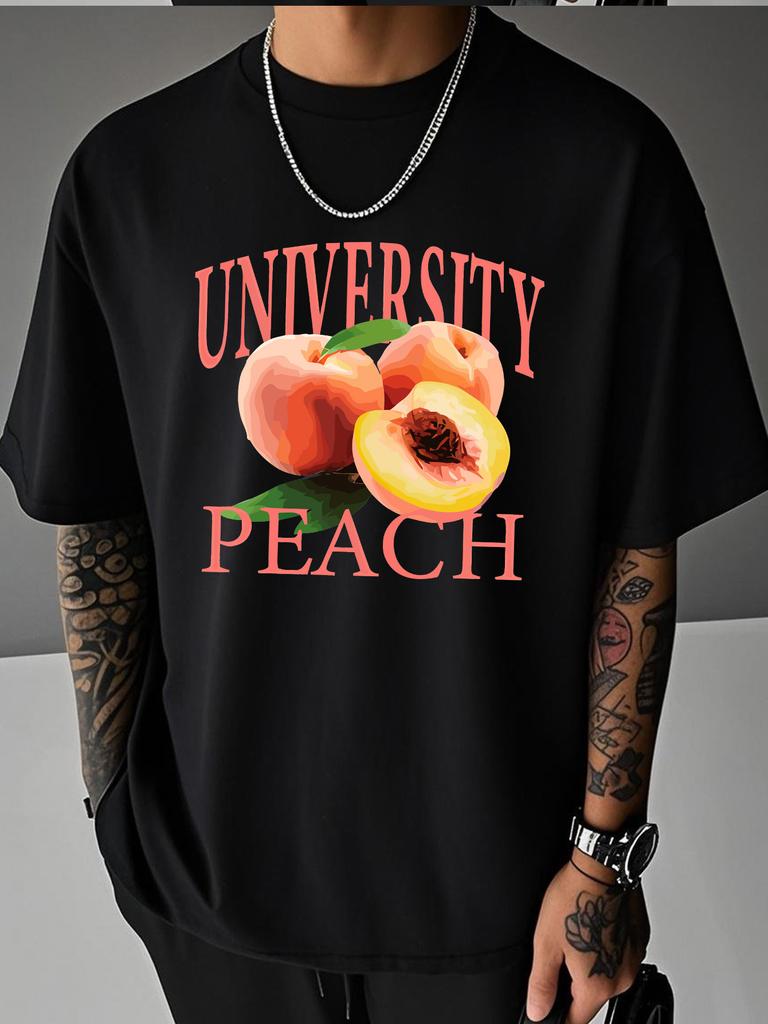 Unisex Cream Tee University Peach Letter And Fresh Peach Fruit Graphic Crew Neck Loose Casual Male Daily Tops
