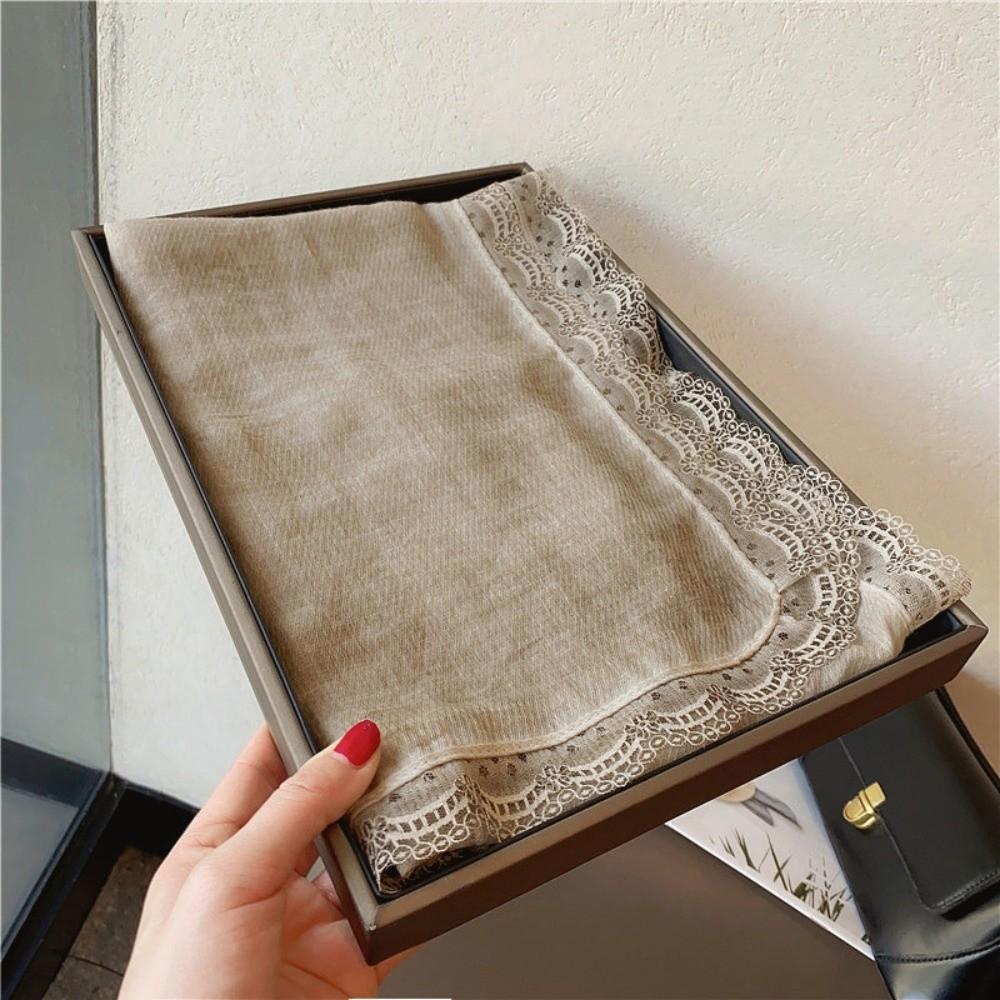 Solid Color Cotton Linen Scarf Lace Edge Silk Scarf Literary Flaxen Lace Scarf  for Women