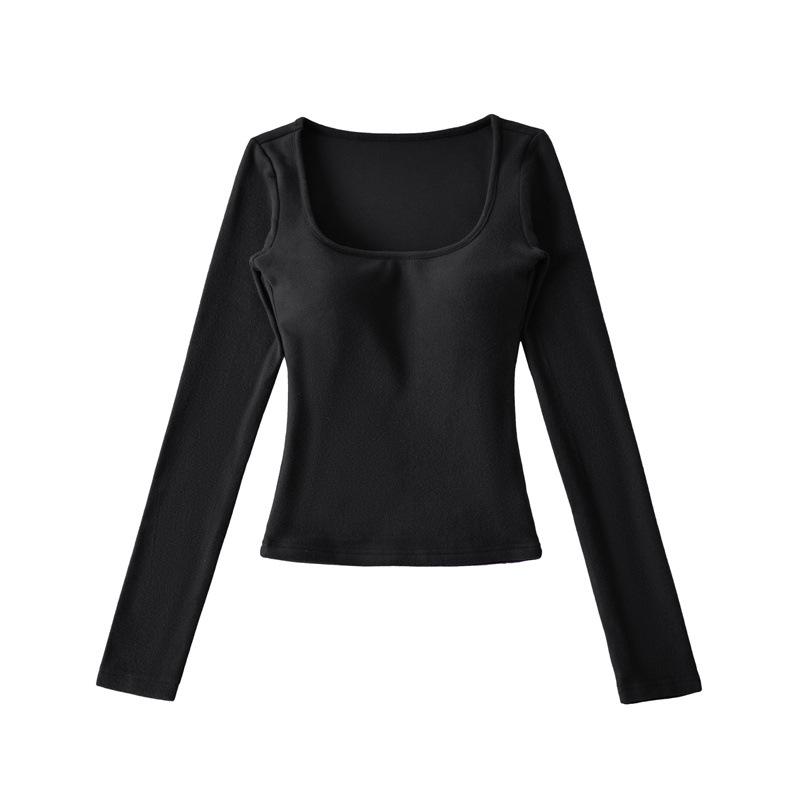Korean Square Neck Slimming Long Sleeve T-Shirt with Chest Pads and Waist-Cinching Design for Women - Spring/Autumn