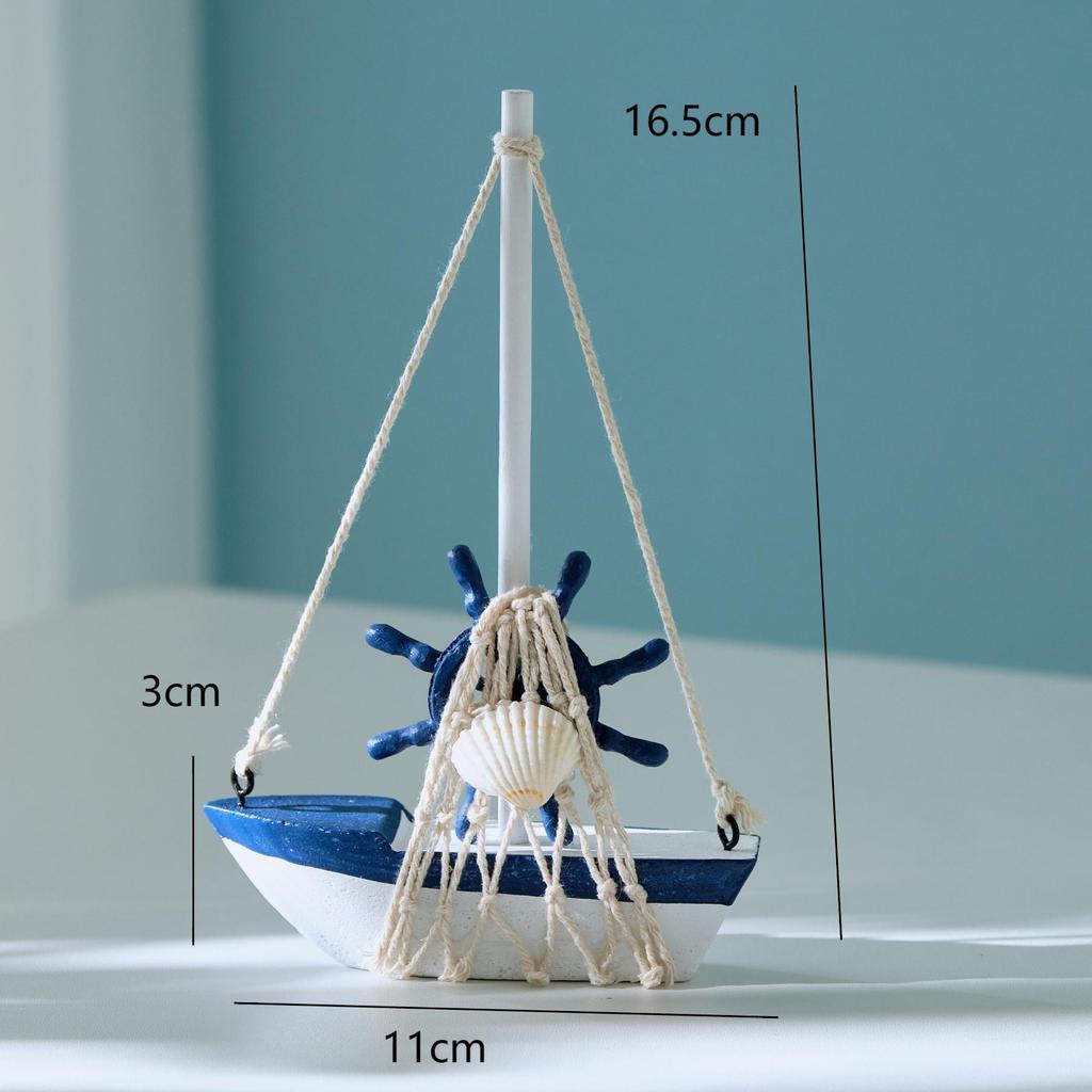 Mediterranean Wooden Sailboat Model with Cotton Rope Net - Mini Desktop Ornament & Photo Prop