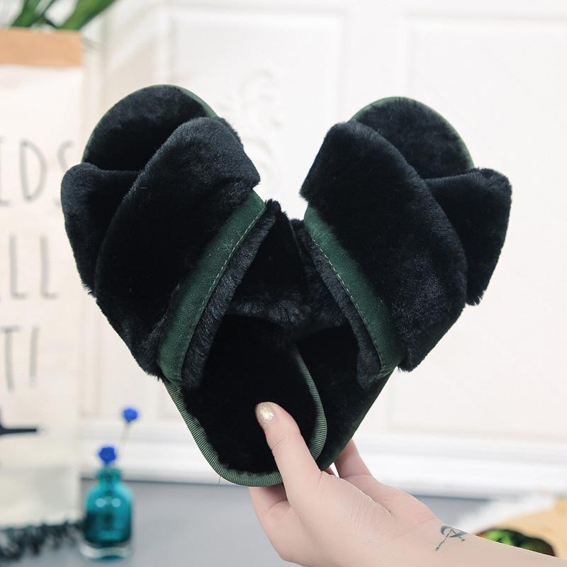 Women Autumn Winter The New Korean Version of The Cross-haired Slippers Indoor Plush Floor Drag Open-toed One-word Slippers