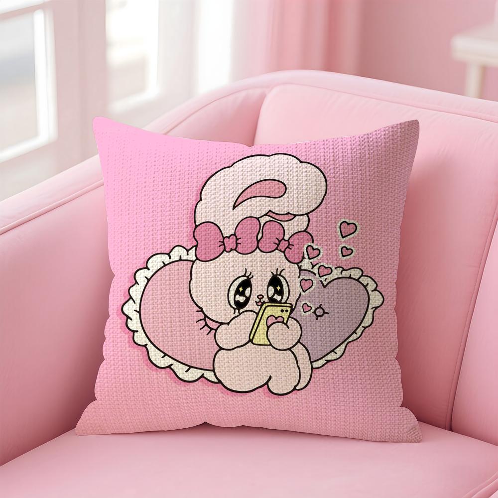 EEsther BunnyY Pink Cute Cushion Cover Natural Linen Pillow Case DoubleSided Print Decorative Sofa Pillowcase Home Decor Gift