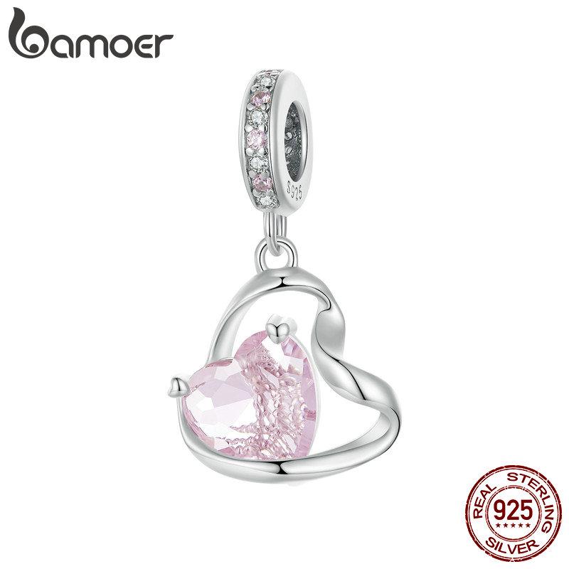 BAMOER стерлингового серебра 925 пробы розовое сердце бусины бабочка подвеска для женщин браслет и ожерелье DIY подарок на День благодарения ювелирные изделия