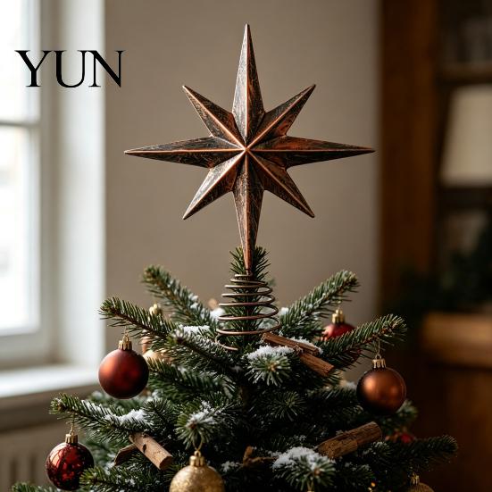 Handcrafted Metal Ornament Distressed Eight-pointed Star Christmas Tree Topper with Stable Spiral Holiday Decor Spring Base, Vintage for Party