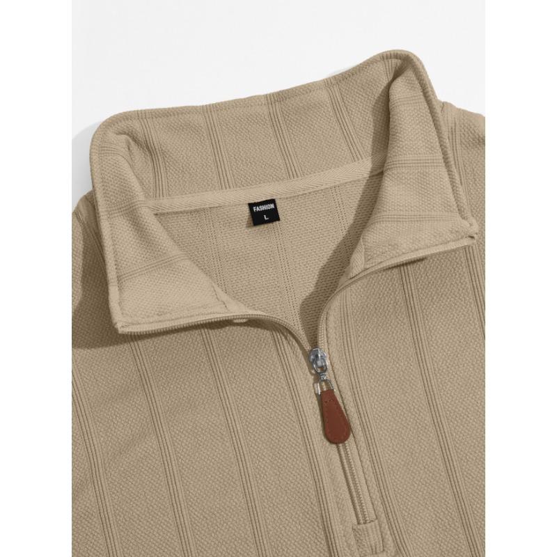 Men S Casual Half Zip Stand Collar Long Sleeve Vertical Striped Jacquard Sweatshirt