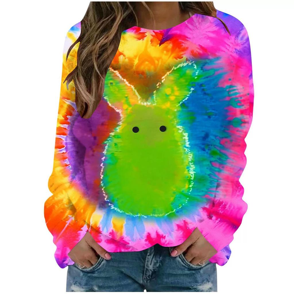 Круглый вырез 3D Tie Dye Кролик Принт Топ Модные Повседневные Длинные Рукава Женские Футболки