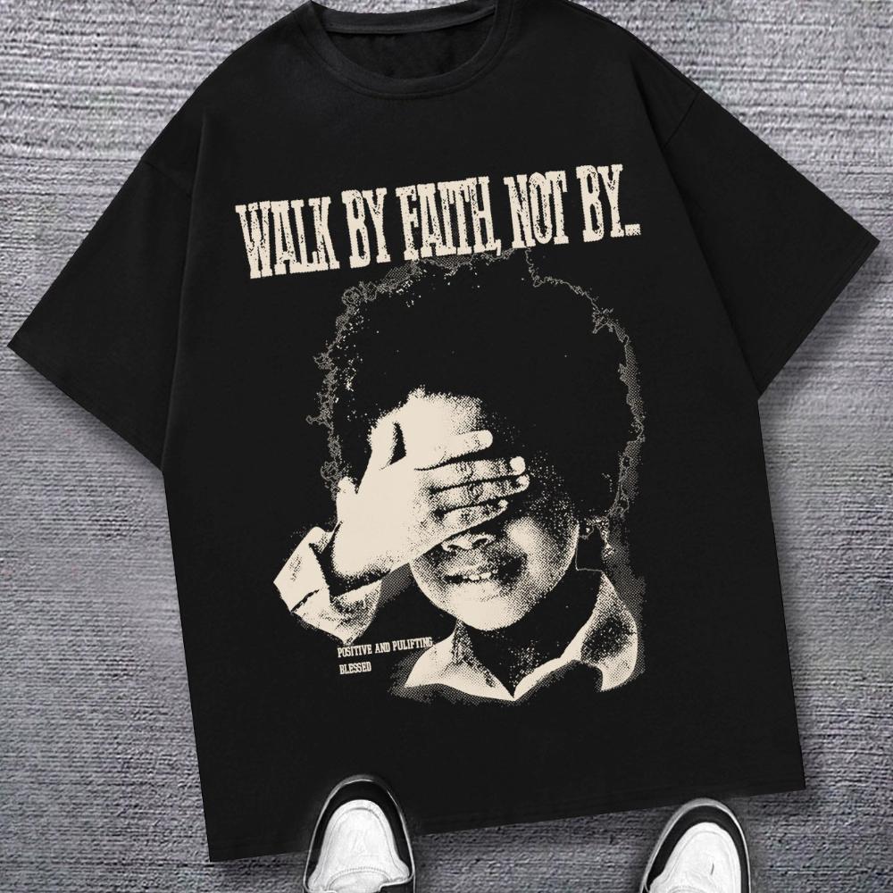 Walk By Faith Faith Tshirt Casual Short Sleeve Round Neck Tee With Covering Face Portrait Slogan Top For Church