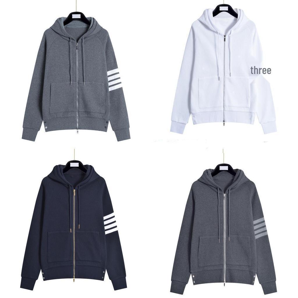 Unisex Waffle Fabric Long Sleeve Hoodie with Four Stripes