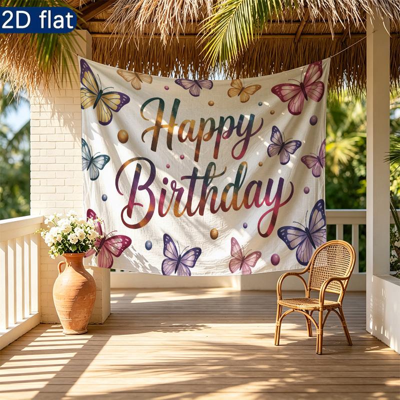Colorful Butterflies Gifts Birthday Banner, Colorful Polyester Backdrop for Party Decorations