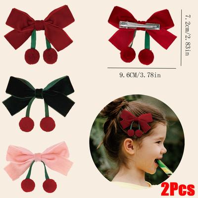 2 шт. Модные бархатные банты Аксессуары для волос Вишня Милые вещи Водонепроницаемые Красный Зеленый Розовый Ретро помпоны Заколки для челки для девочек детей