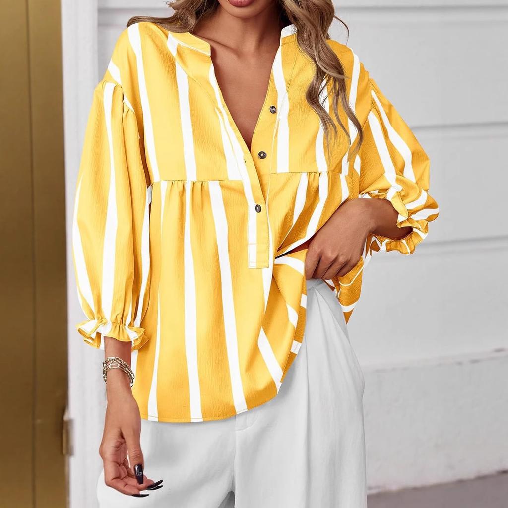 Amazon cross-border Europe, America and 2026 summer and autumn new women's clothing striped shirt bubble sleeves loose top popular women
