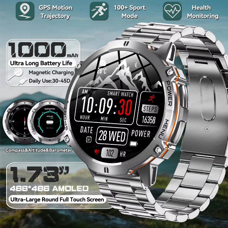2025 New 1.72" Ultra-large AMOLED Screen Smartwatches Men 1000mAh Battery GPS Track Compass Waterproof Bluetooth Call Bracelets
