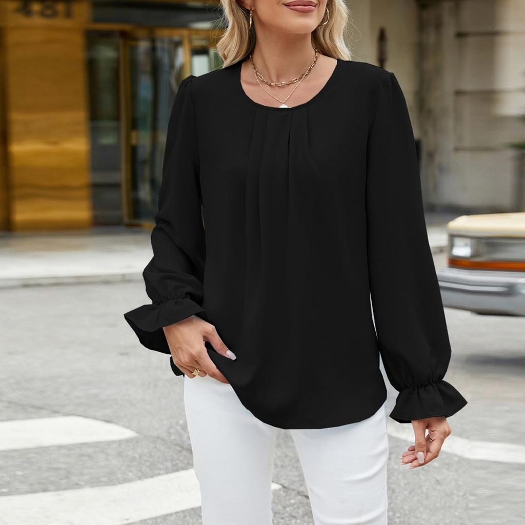 Women's Solid Color Round Neck Loose Long Sleeved Chiffon Top