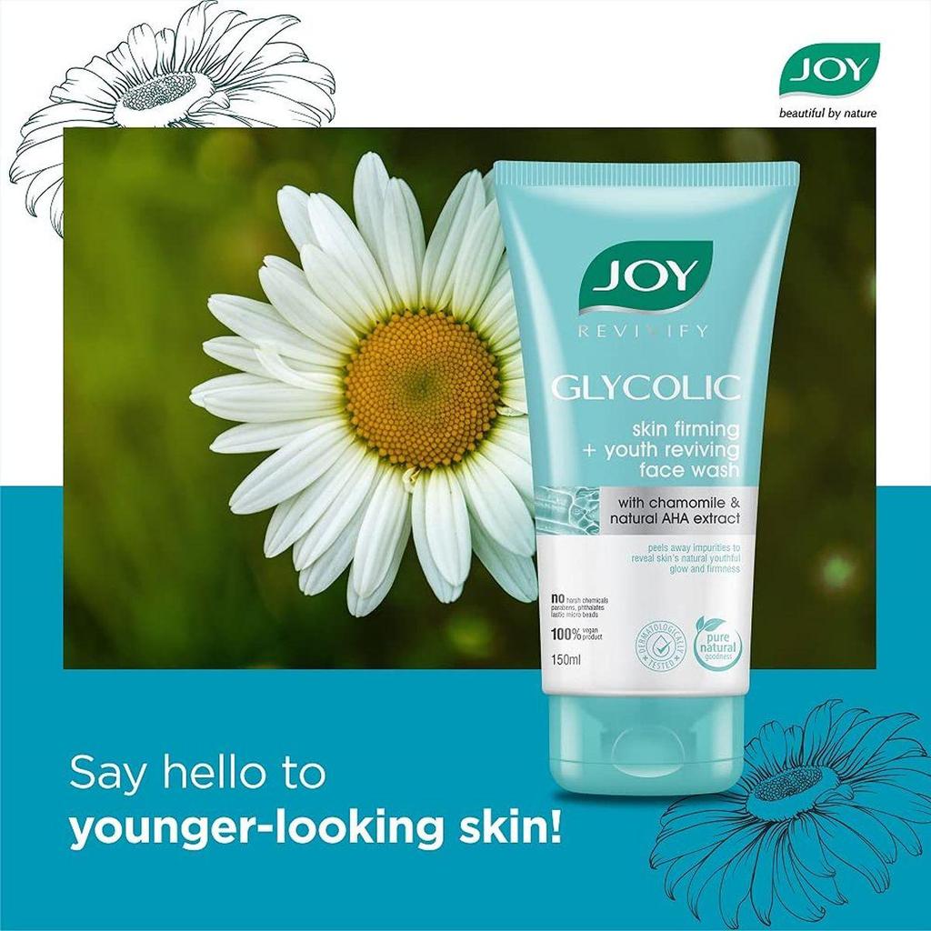 Joy Revivify Glycolic Acid Face Wash | Skin Firming and Youth Reviving with Chamomile Extracts and Natural AHAs - Sulphates, Parabens Free -150 Ml