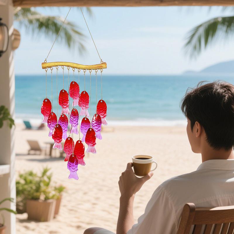 Iron Wind Chimes With Colored Glass For Garden Fish Leaf Design Outdoor Decor Hanging Ornament