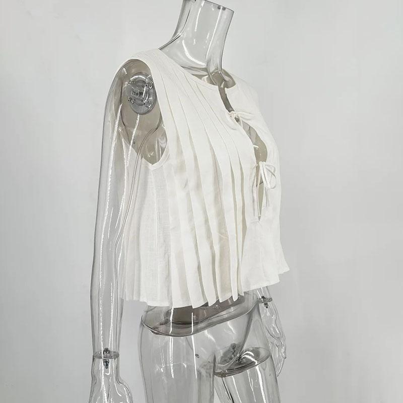 Белый жилет из хлопка и льна, плиссированный короткий топ со шнуровкой, женский, с круглым вырезом, без рукавов, с оборками, топы для отпуска и пляжа, лето