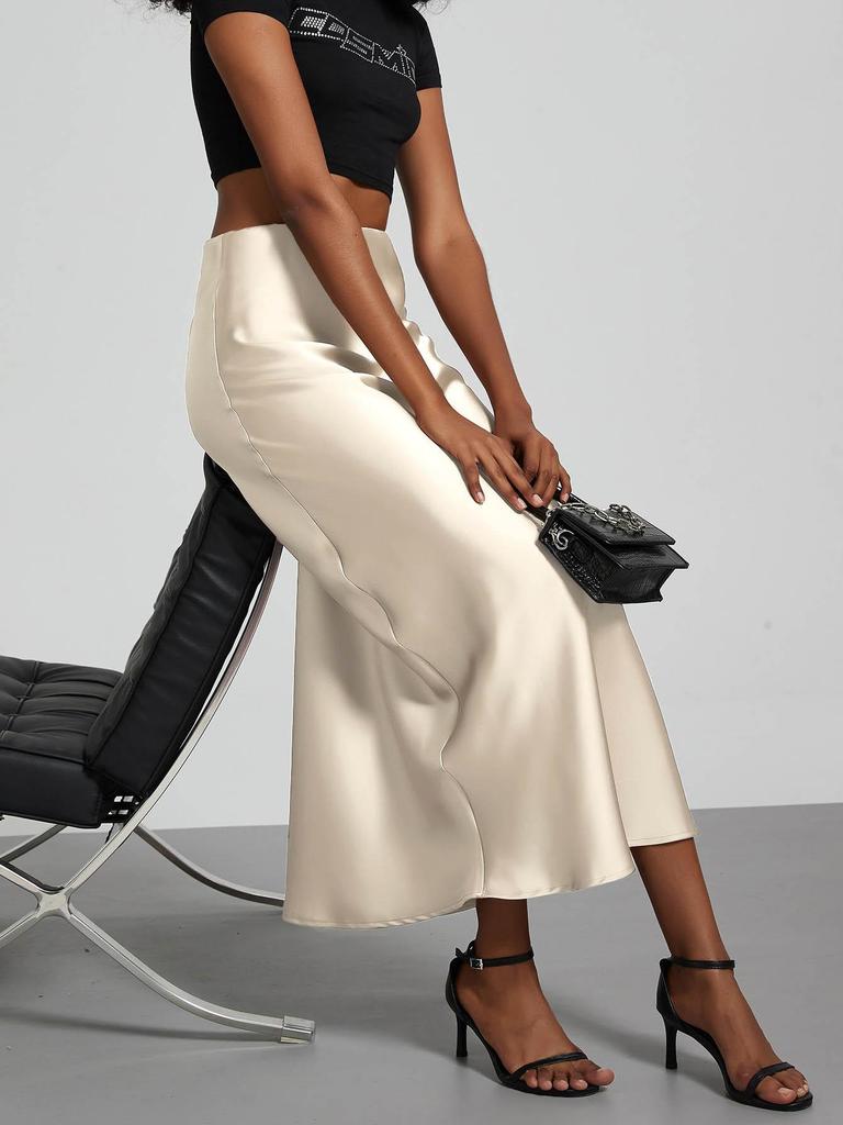 Модная атласная длинная юбка для вечеринки с высокой талией, однотонная, повседневная базовая женская юбка, юбка годе, шикарная летняя женская одежда 2025