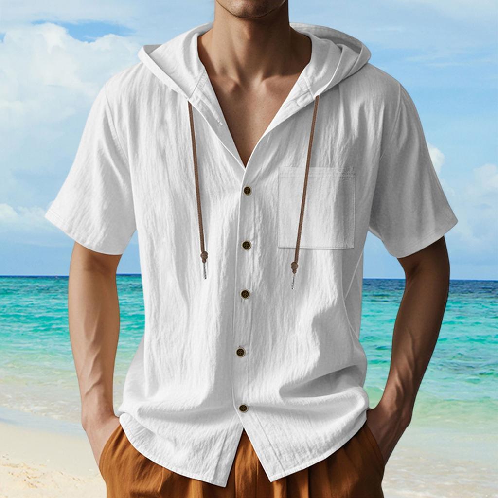 Men's Linen Quick-Dry Hoodie Shirts Summer Casual Loose Breathable Button-Down Short Sleeve Hoodies